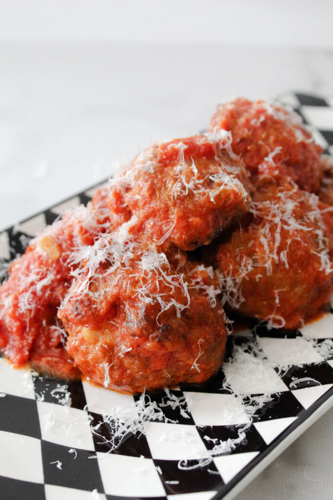 Vegetarian and Gluten Free Meatballs in a red tomato sauce