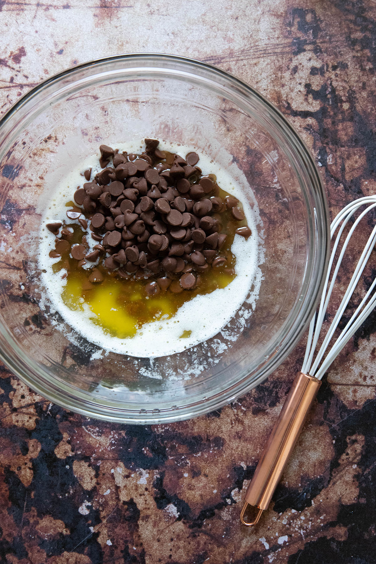 melted butter and chocolate chips for espresso brownies