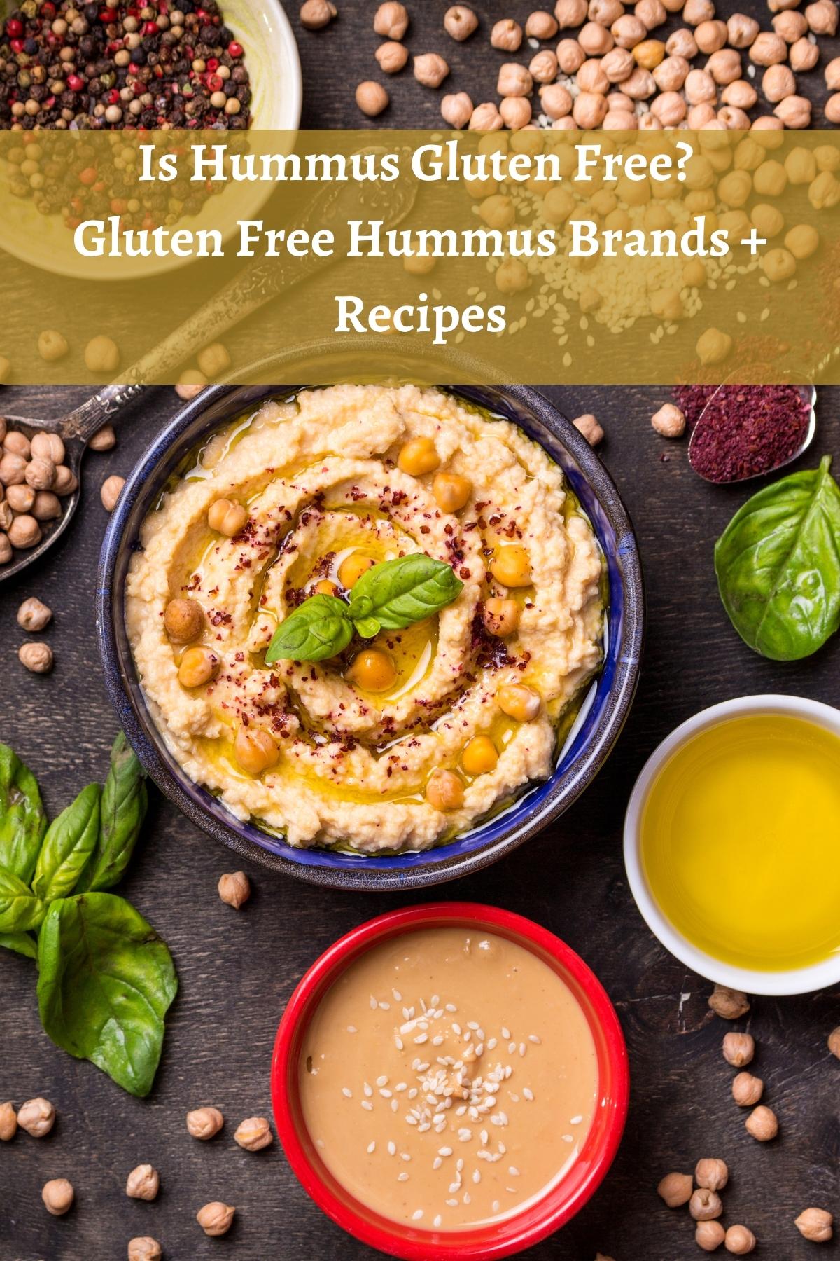 Gluten free hummus and hummus ingredients on a dark background