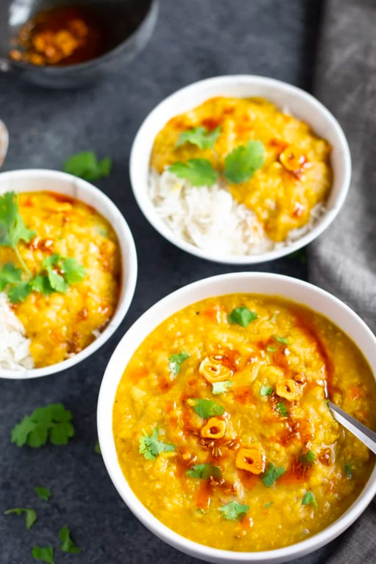 Gluten free yellow lentils in a white bowl