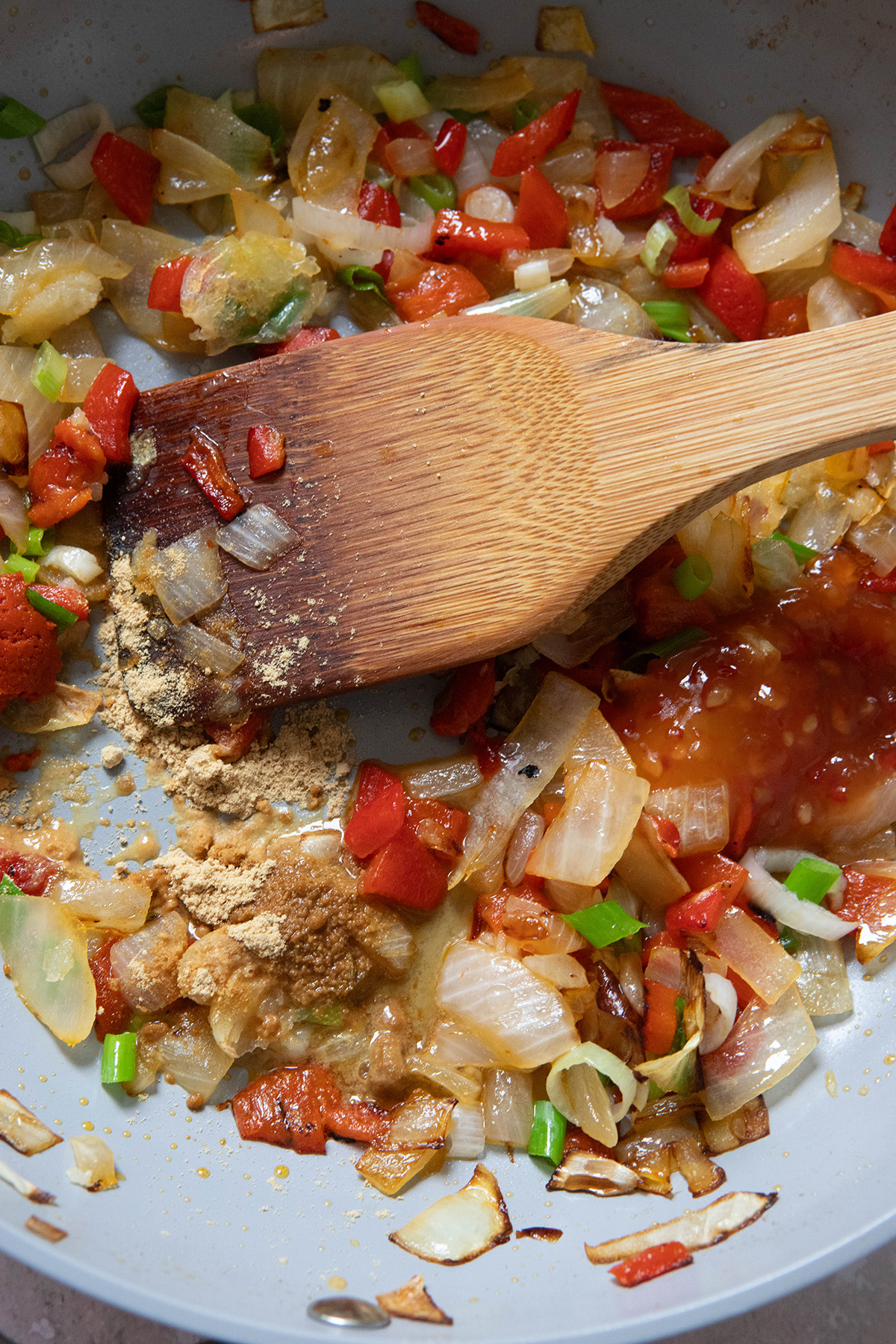 veggies in a pan with chili sauce