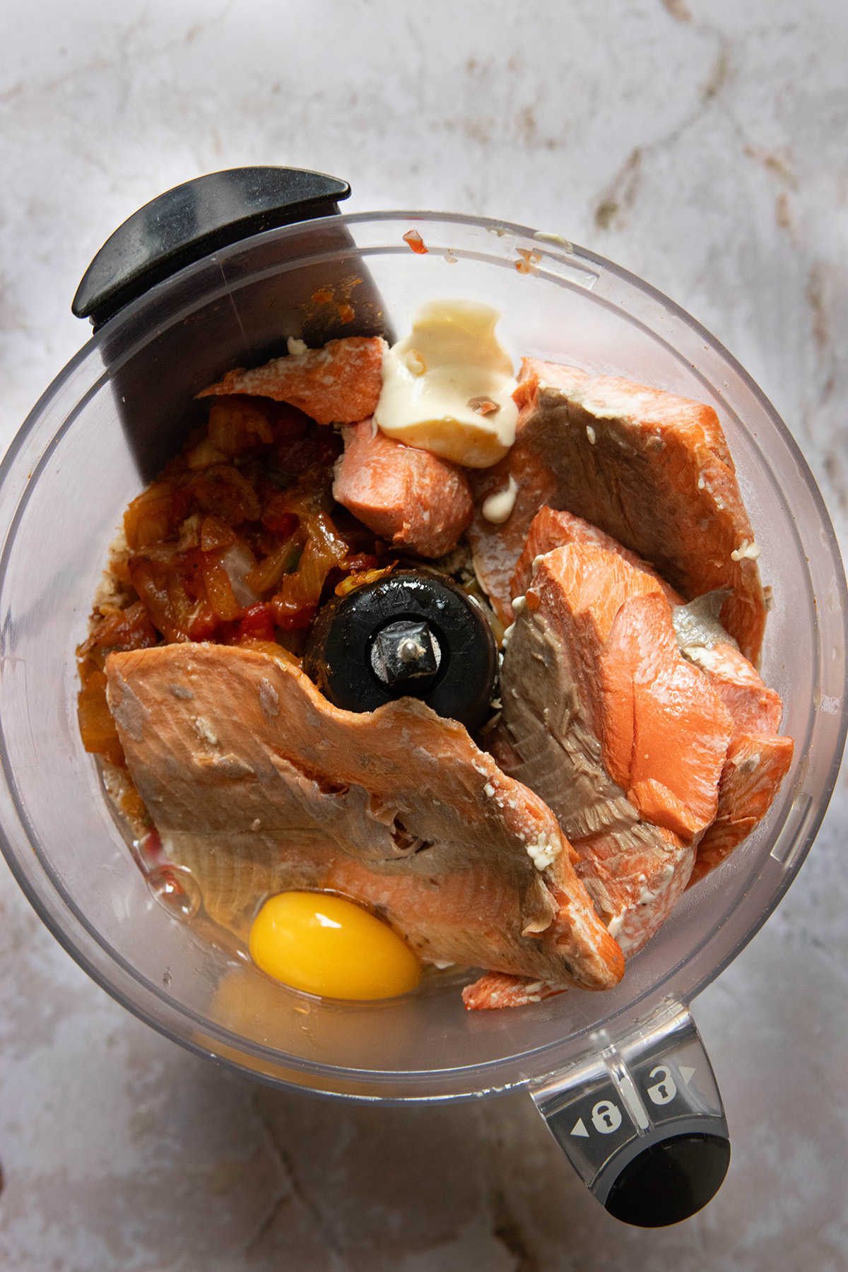 fish and ingredients in a blender