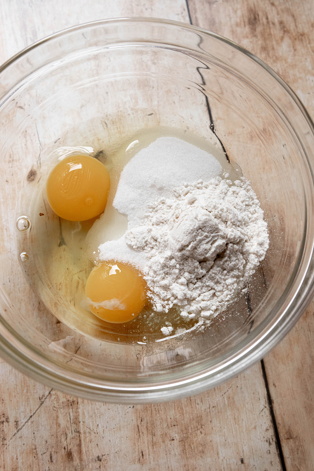 eggs sugar and flour in a bowl