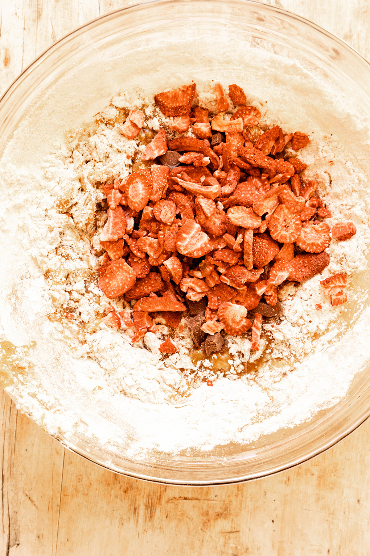 freeze dried strawberries with chocolate and flour
