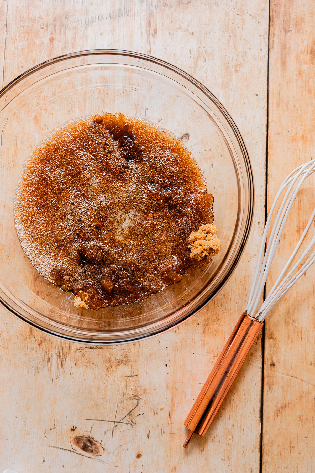 sugars and browned butter in a glass bowl